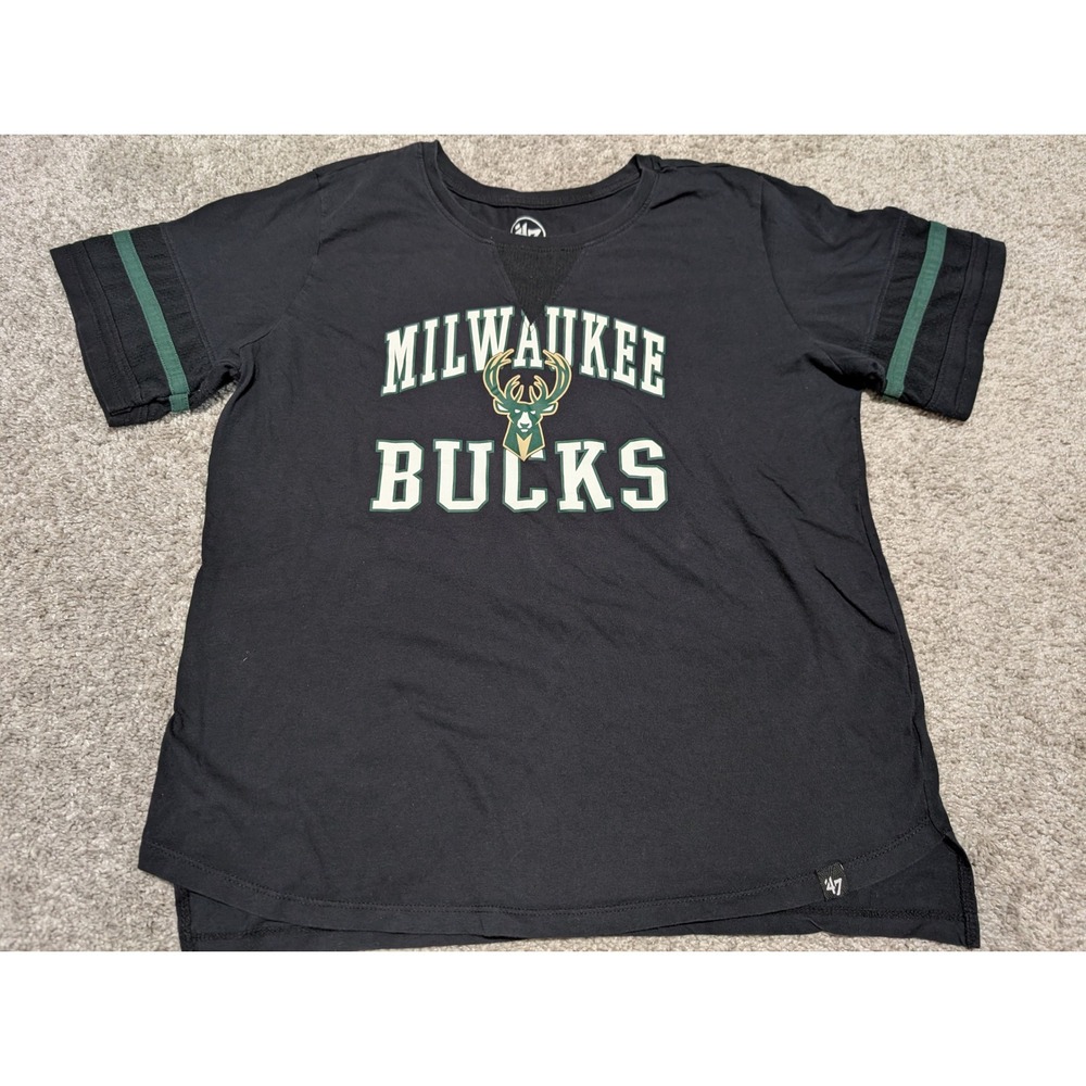 '47 Brand T-Shirt Women Large Black Milwaukee Bucks NBA Graphic Tee Striped‎